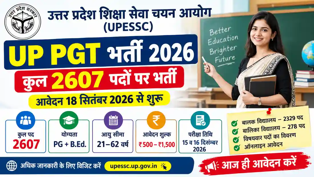 UP PGT Recruitment 2026: 2607 प्रवक्ता पदों पर भर्ती, आवेदन 18 सितंबर से 1 UP PGT Recruitment 2026